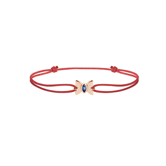 Bracelet Papillon cordon coton - Or rose 750/1000 et saphir bleu Ceylan