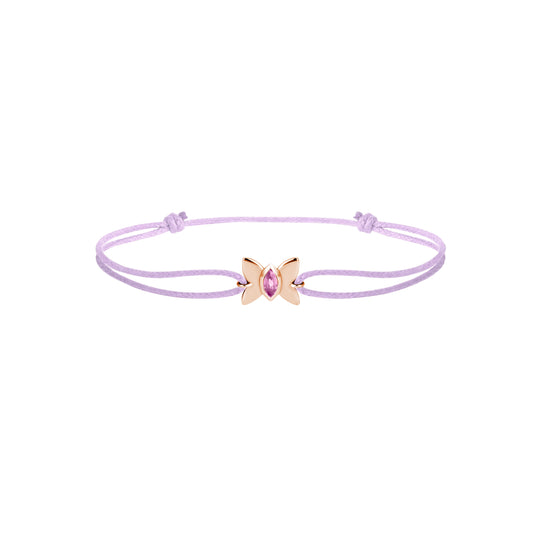 Bracelet Papillon cordon coton - Or rose 750/1000 et saphir rose