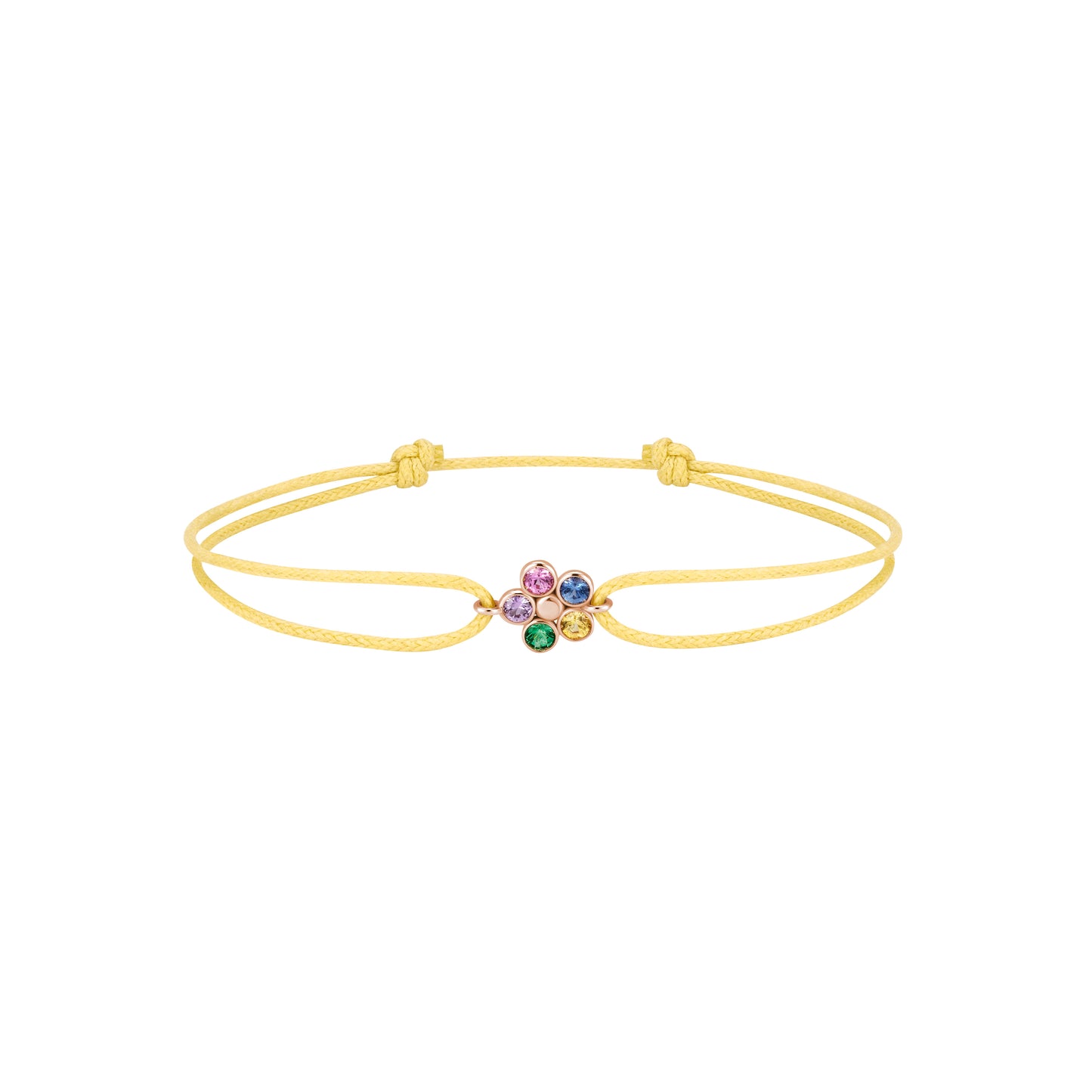Floral cotton cord bracelet - 750/1000 pink gold motif, emerald, and sapphires
