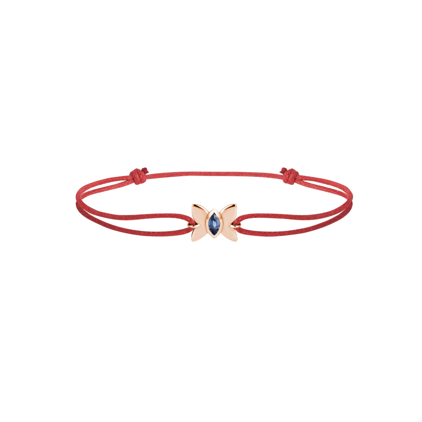 Butterfly cotton cord bracelet - 750/1000 pink gold and Ceylon blue sapphire